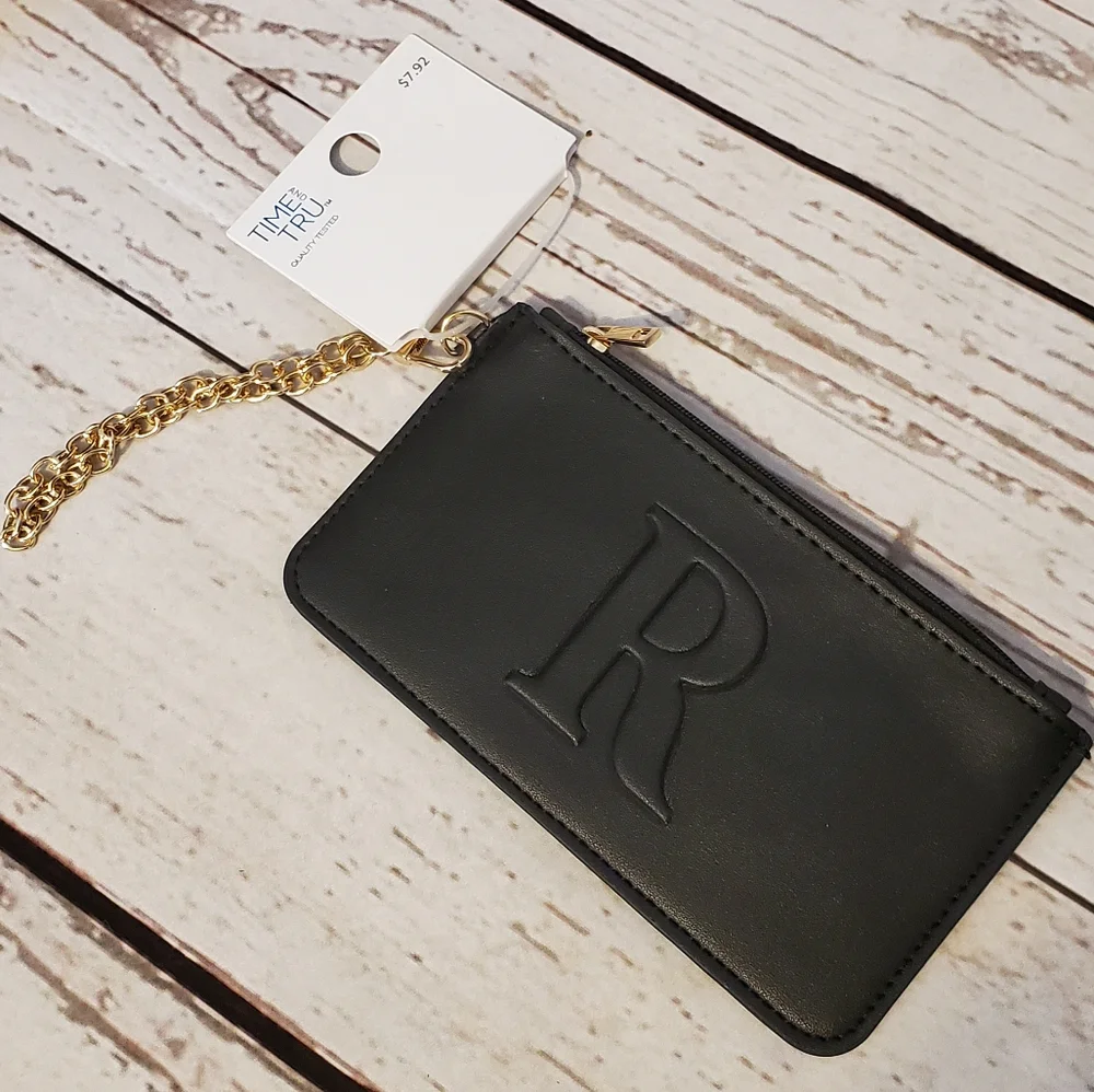 Time and Tru women's vinyl monogram initial wristlet black with goldtone chain